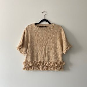 Zara Woman Tweed Layered Fringe Trim Hem Sweater Short Sleeve Top Size Small